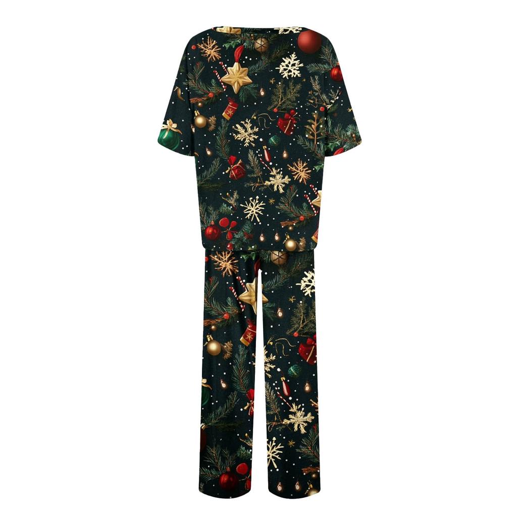 Женский шелковый атласный пижамный комплект с рождественским принтом, рубашка с коротким рукавом и длинные пижамные штаны, мягкая домашняя одежда