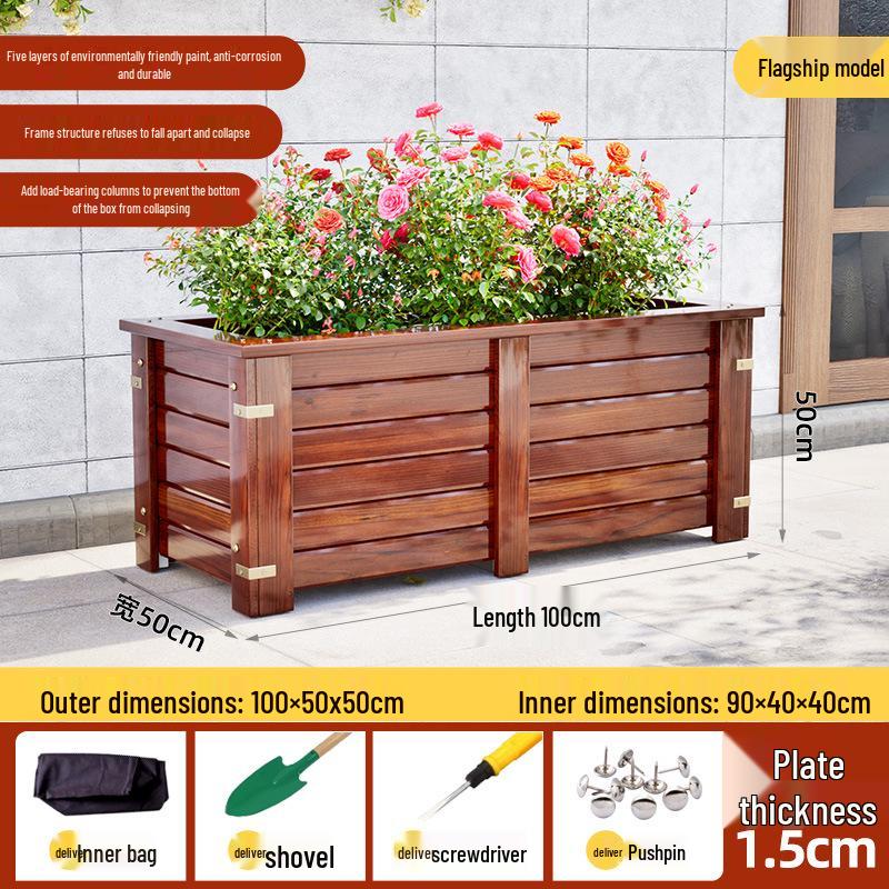 Carbonized Anti-Corrosion Rectangular Wood Planter Box for Balcony & Courtyard