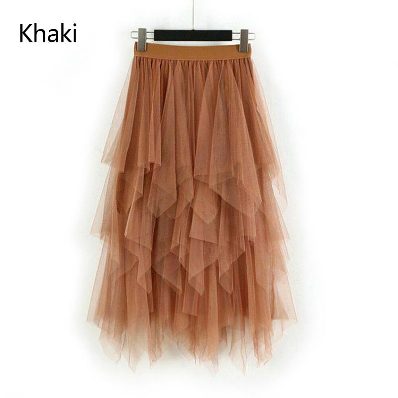 Женская мода Асимметричная высокая талия с оборками Сетчатая пачка из тюля Длинная юбка-миди Черный, белый, розовый