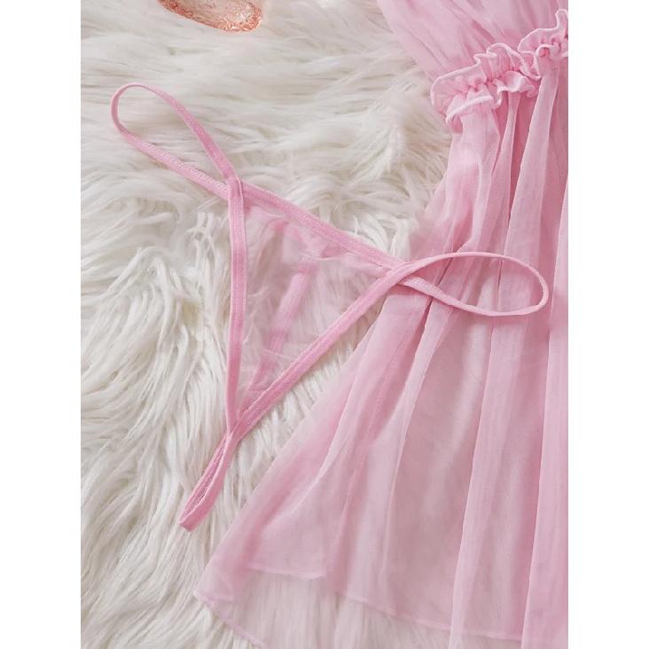 Women Perspective Mesh Nightdress Bow Wrapped Around Chest Pink Sexy Babydoll With Thong Erotic Sexy Lingerie Valentine Day Gift