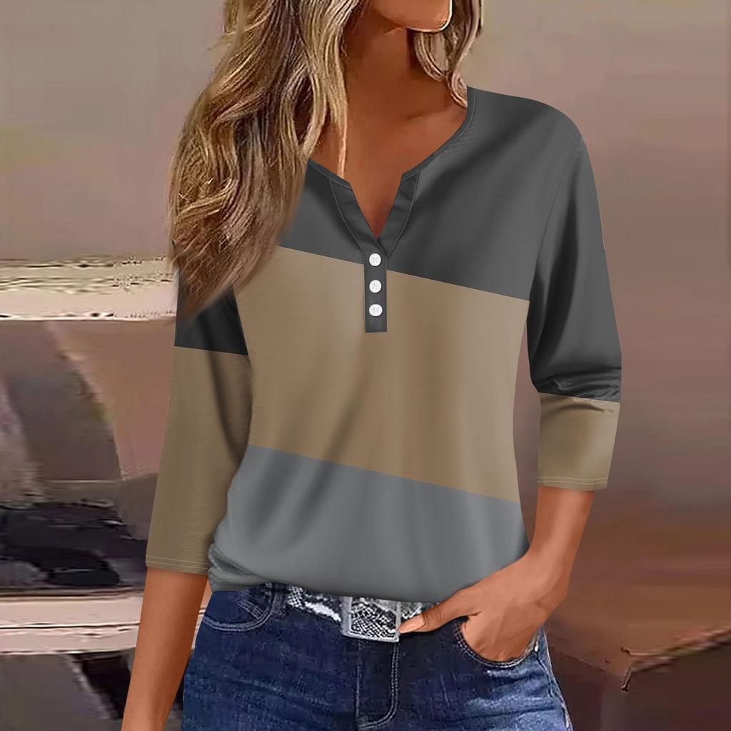 Жен. Футболка Футболка С принтом Пуговицы Рукав 3/4 Повседневные Выходные Мода Классический V-образный вырез Обычный Топ