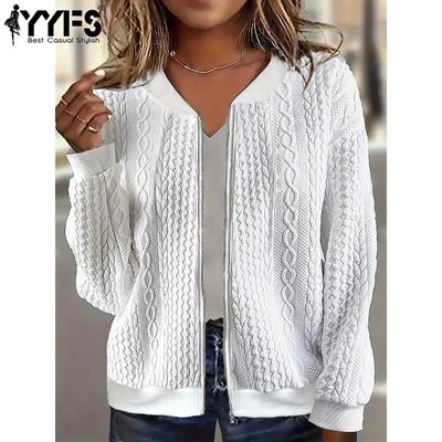 2024 Осень и зима Новая куртка-бомбер на молнии Повседневная однотонная куртка с длинным рукавом Свитер Пальто Женская одежда