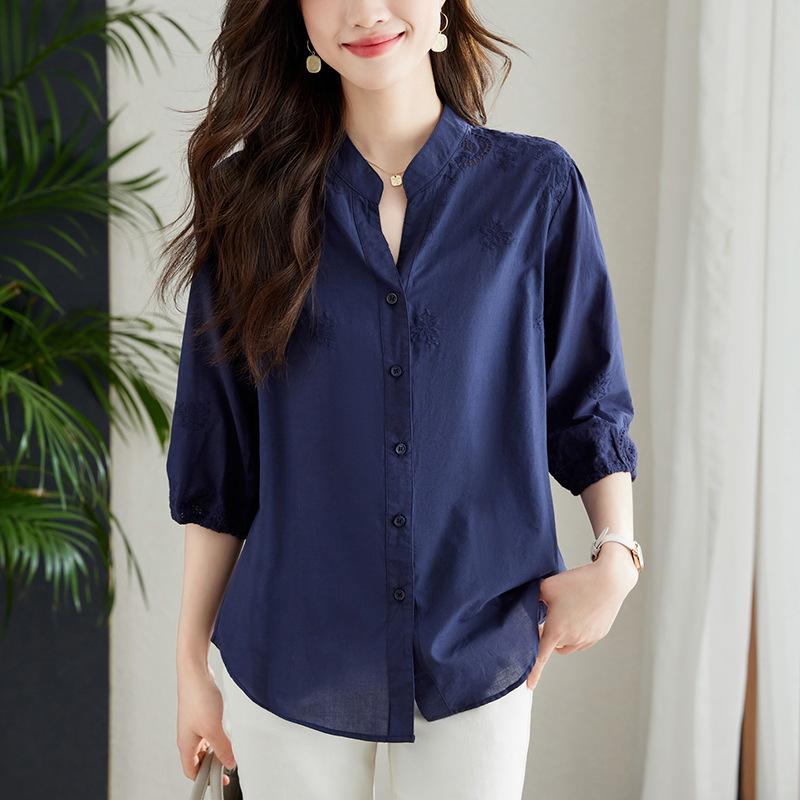 V-neck Embroidered Hollow Apricot Shirt for Women In Three-quarter Sleeve Summer New Commuter Temperament Pure Cotton Top