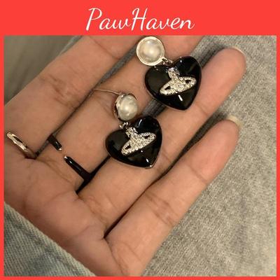 Черные серьги-Сатурн в форме сердца со стразами Уникальный дизайн Высококлассный стиль