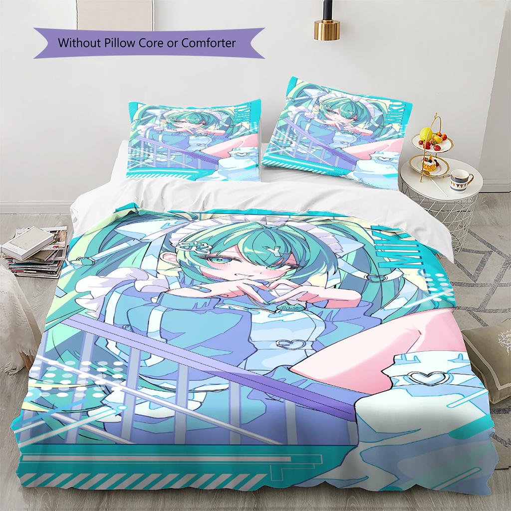 Anime Miku Pattern Bedding Set Quilt Cover Pillowcase Home Decor Gift (1 * duvet cover + 2 * pillowcase, without core)