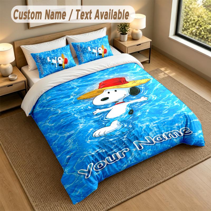 3Pcs Bedding Set Custom Name Text, 1 Sheet 2 Pillowcases Home Bed DecorSnoopy Peanuts