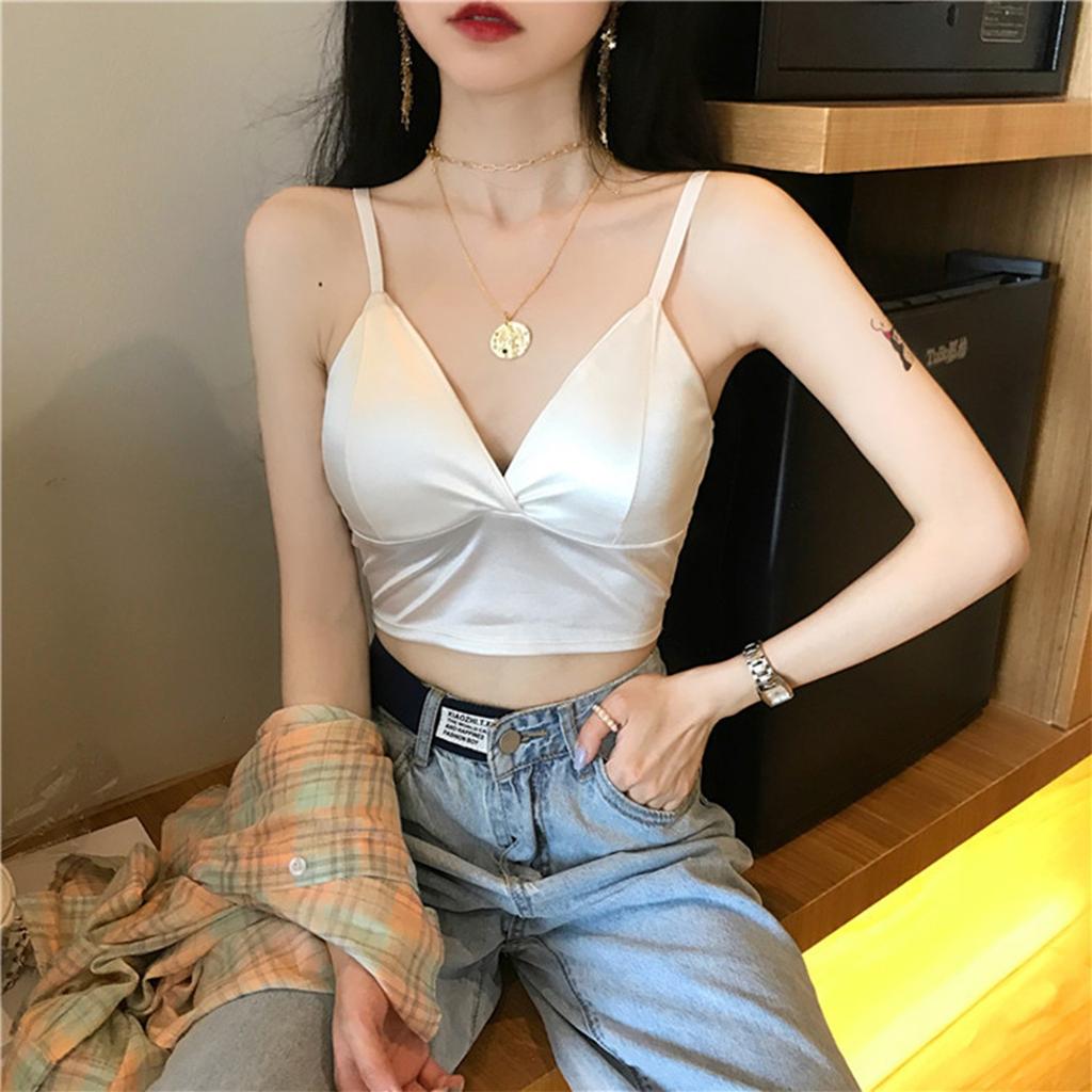 Женская модная сексуальная однотонная атласная майка с v-образным вырезом и подкладкой на груди, красивое нижнее белье сзади