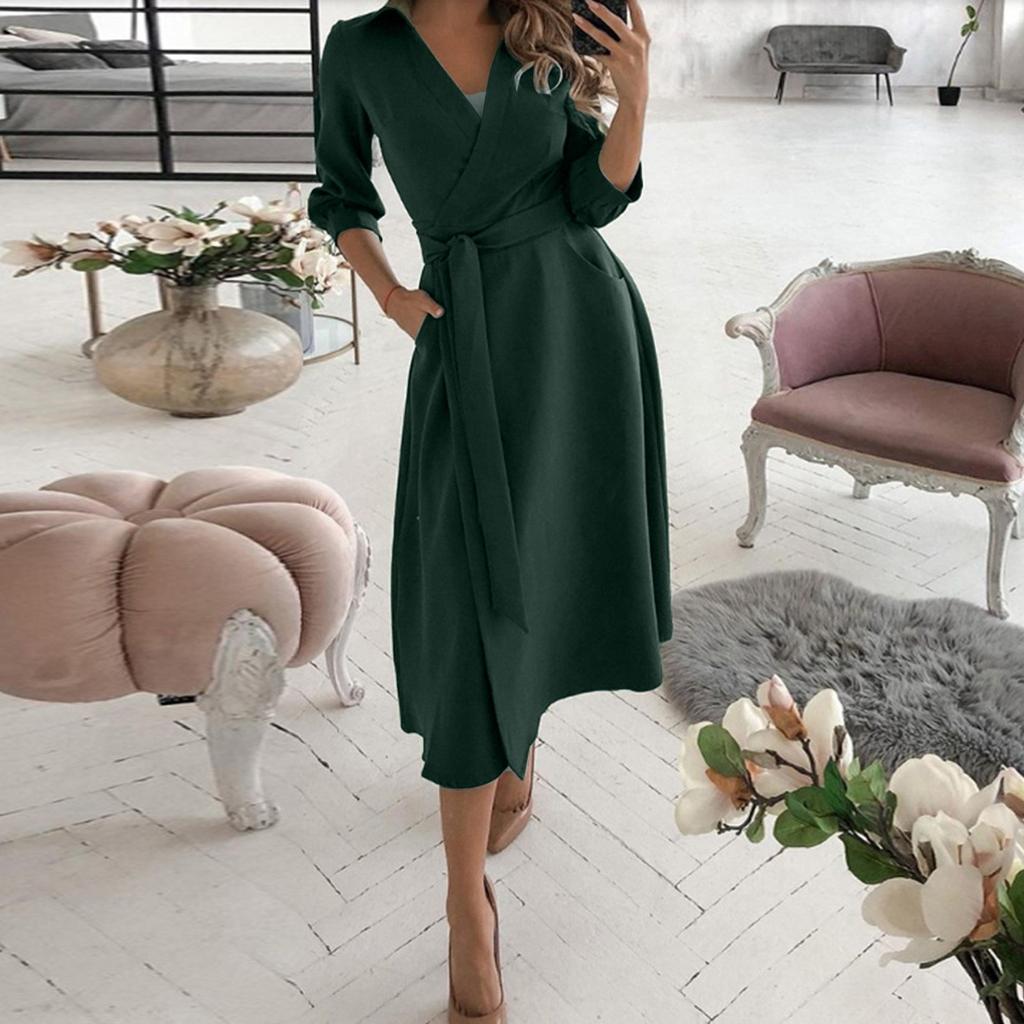 Модные женские повседневные однотонные длинные платья с рукавами из семи частей с лацканами