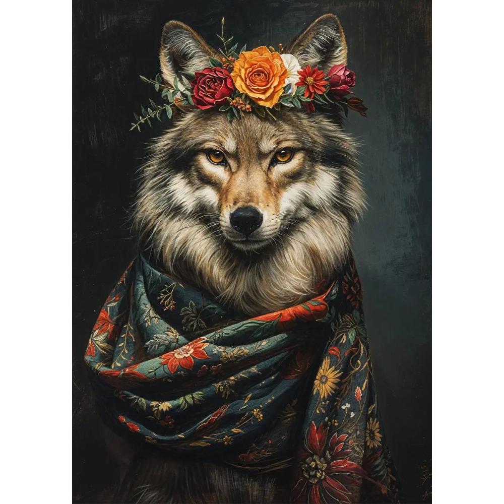 Retro Animals Posters Lion Wolf Rabbit Cat Dog Turtle with Flowers Print Canvas Painting Wall Art Picture Home Room Decor Mural