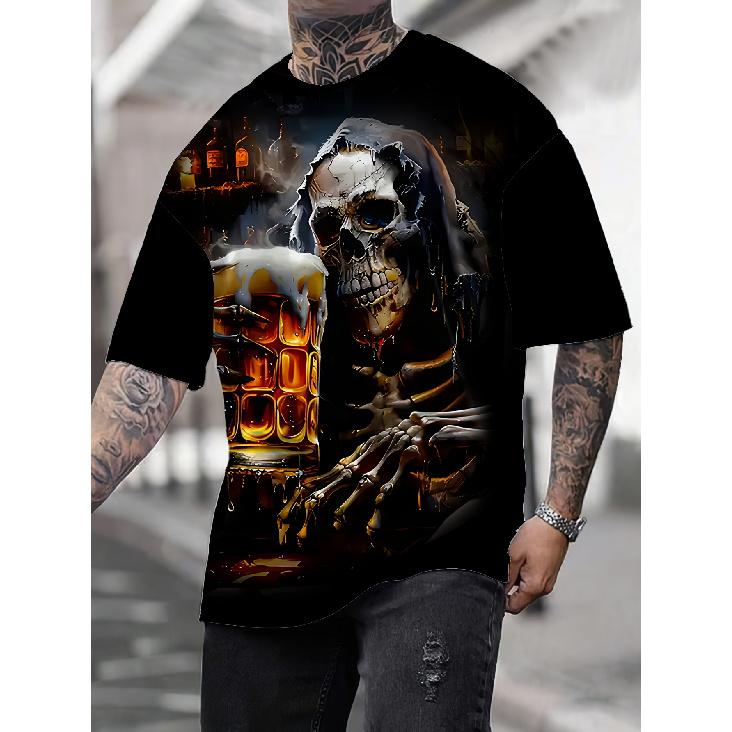 Men's black short-sleeve graphic tee with 3D skull holding beer mug, crew neck, soft cotton feel, edgy streetwear for casual outings