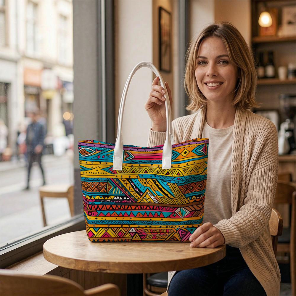 Colorful Ethnic Print Tote Bag Casual Large Capacity Daily Use Outdoor Shoulder Bag for Women