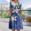 Women's Summer Short Sleeve Midi Dress V-Neck Pleated Swing Dress Boho Floral Print Tunic Shirt Dress with Pockets