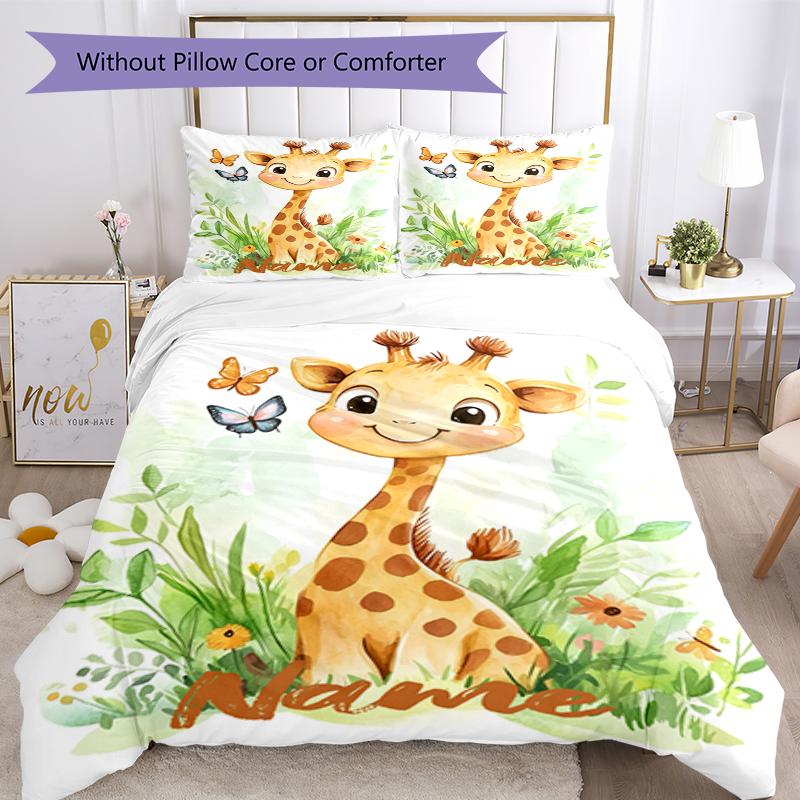 3pcs Custom Name Giraffe Bedding Set Duvet Cover Closure Includes 1 Duvet Cover & 2 Pillowcases, Soft and Comfortable for All Seasons.