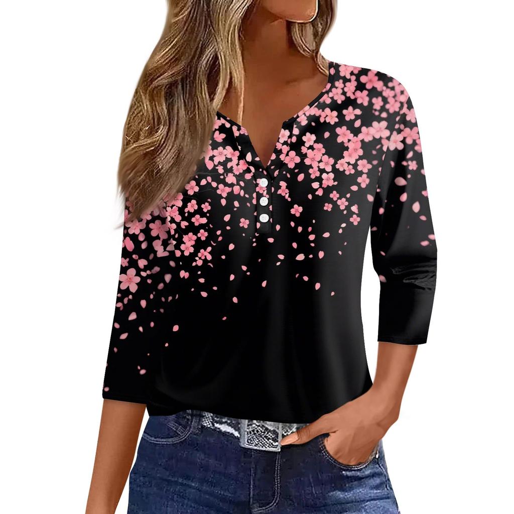 Жен. Футболка С принтом Пуговицы Рукав 3/4 Повседневные Выходные Мода Классический Классический V-образный вырез Обычный Верх