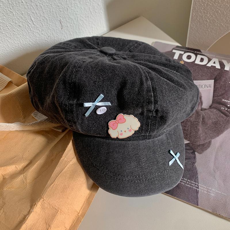 Y2K кружевной бант дизайн облако береты шапки для женщин показать лицо маленький летний осень повседневный универсальный корейский ретро джинсовый восьмиугольная шляпа