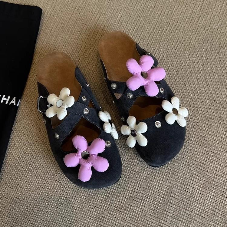 Sheepskin Version~ Niche Design Removable Flower Buckle Birkenmuller Shoes Women's Retro Rivets Thick-soled Bag Head Slippers
