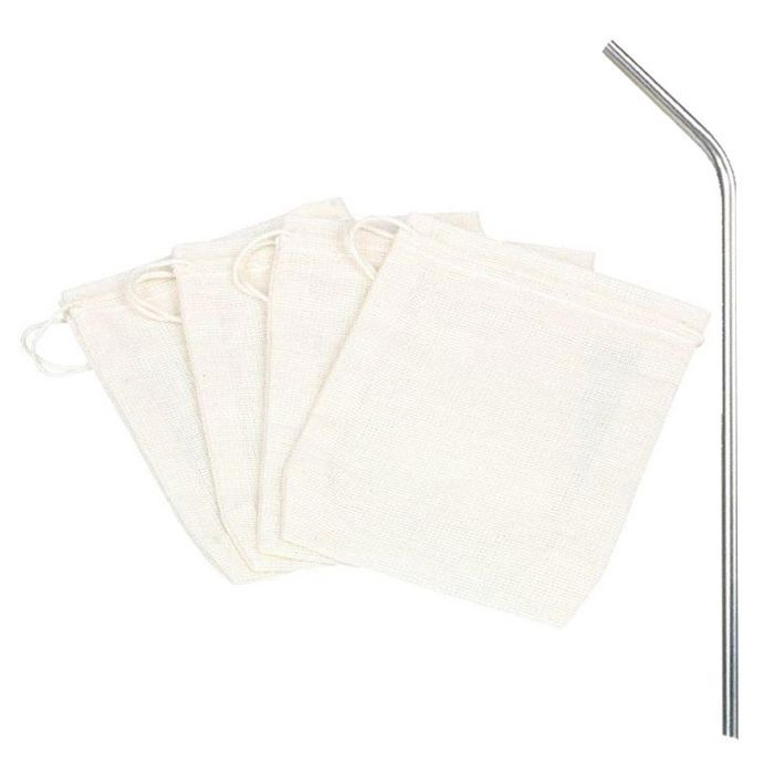 4 Reusable Cotton Tea Filters + 4 Stainless Steel Straws