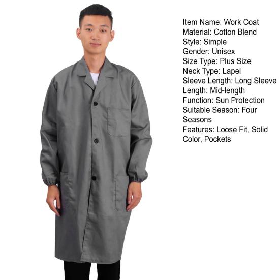 Женское и мужское рабочее пальто с лацканами, длинными рукавами, эластичными манжетами, однотонная моющаяся рабочая куртка с карманом, однобортная верхняя одежда средней длины