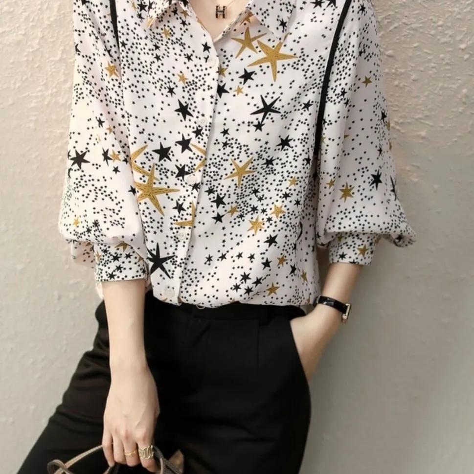 Женская рубашка из шифона с длинными рукавами и принтом, летняя свежая свободная тонкая рубашка для поездок на работу
