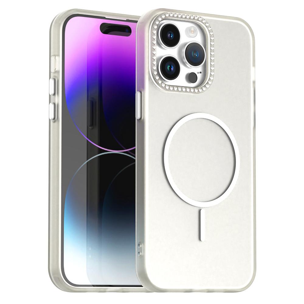 For iPhone 14 Pro Case Compatible with MagSafe TPU+PC+PET Phone Cover Rhinestone Decor Lens Frame
