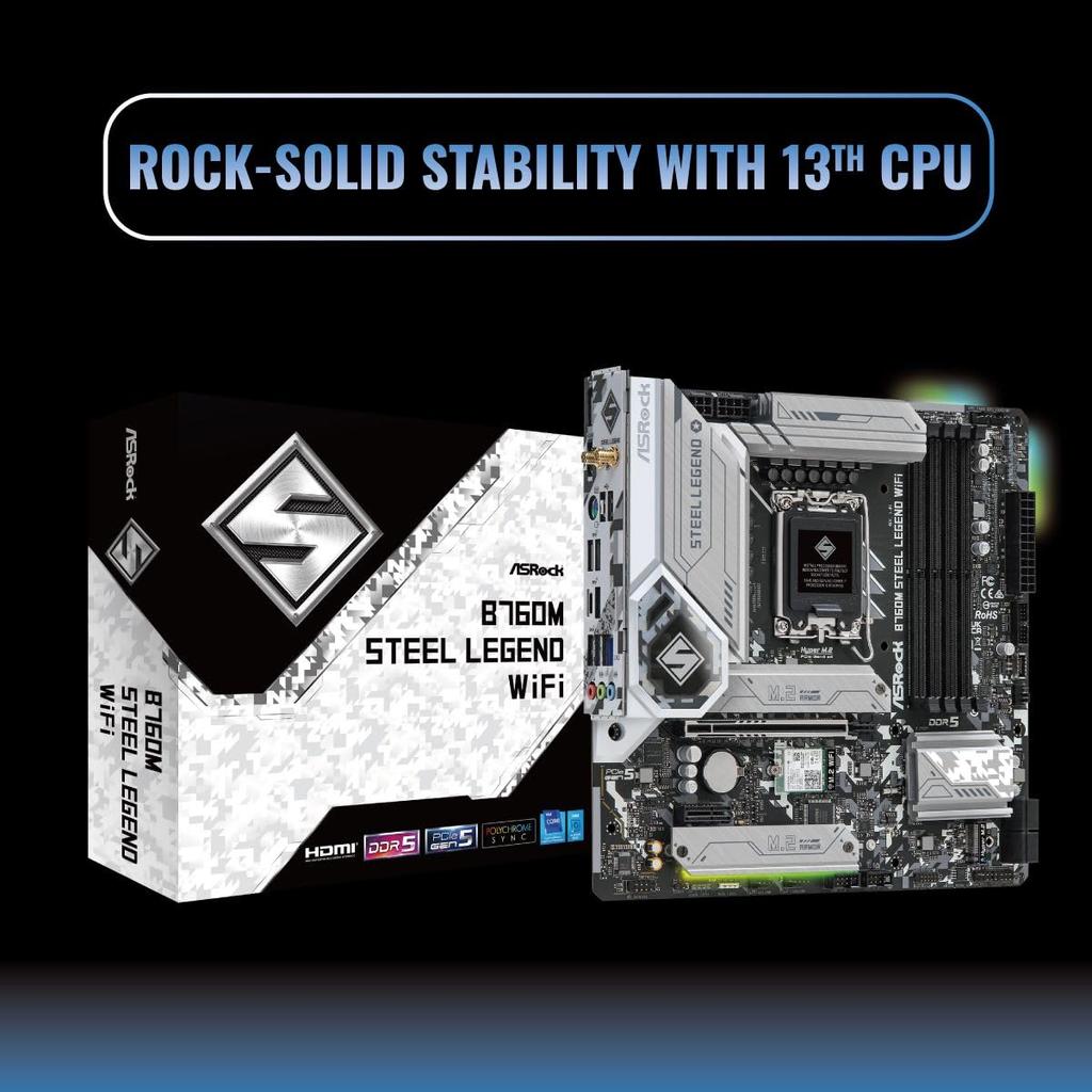 ASRock Motherboard B760M Steel Legend WiFi Compatible with Intel 12th and 13th Generation CPU B760 Chipset DDR5 Micro ATX Motherboard Authorized