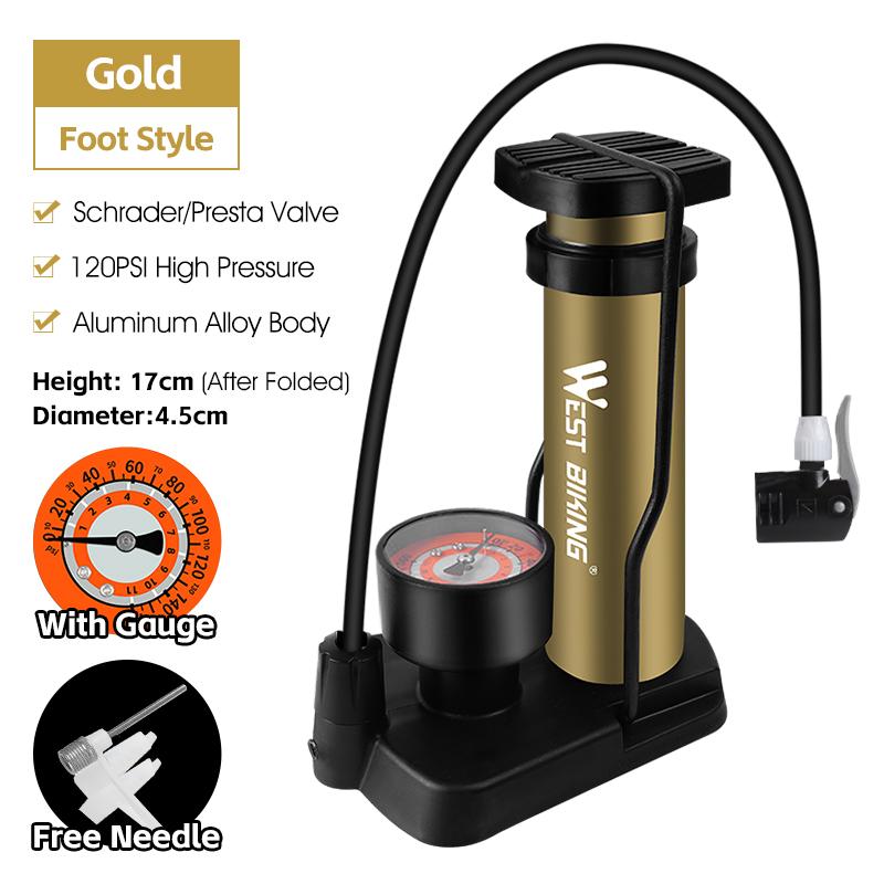 WEST BIKING Bike Foot Pump 160PSI High Pressure Portable Bicycle Tire Inflator with Gauge for Schrader Presta Valves MTB Bike