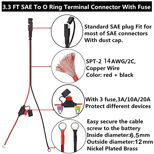 GTIWUNG 2pcs 2ft SAE Connection Cable SAEDC Adapter Cord 14AWGSAE Harness Extension Cable Battery Tander DIY Connector 10A Fuse Battery Charging
