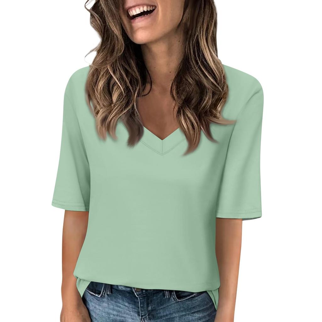 Women's Solid-color V Neck T Shirts Half Sleeve Tops Printed Casual Summer Tees T Shirt Blouse