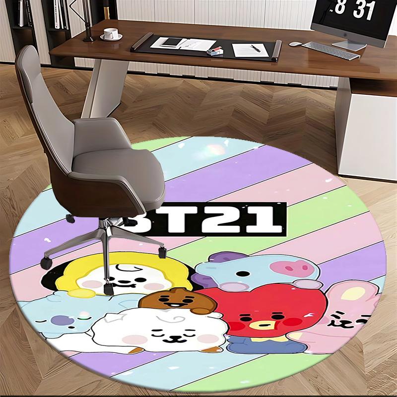 BT21 K-Pop Коврик для стула Круглый ковер-Ковер для офиса, Машинная стирка, Нескользящий, Подходит для гостиных, спален