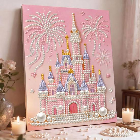 DIY 5D Faux Pearl Painting Kit Castle Butterfly Ocean Sunflower Plastic Pearl Art Kit for Adults Beginner Gemstone Art Craft for Gift Home Wall Decor