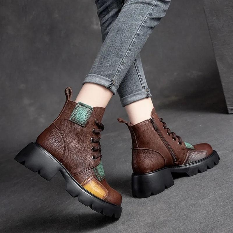 Thick-heeled Boots Women's Spring and Autumn Soft Leather Color Short Boots High-heeled Waterproof Platform Retro Single Boot
