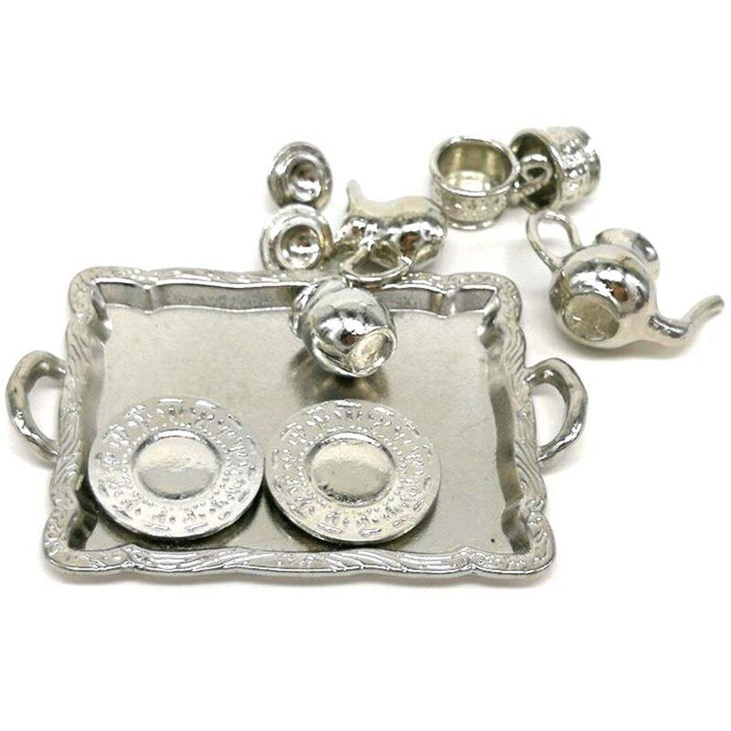 10Pcs/set Doll House Miniature Metal Tea Doll House Furniture Miniature Dining Ware Toy Teapot Cup Plate