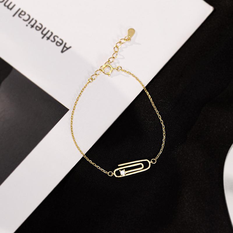 S925 Sterling Silver Gold-plated Paper Clip Bracelet for Women Ins Cool Style Niche Simple Pin Hand Jewelry for Women