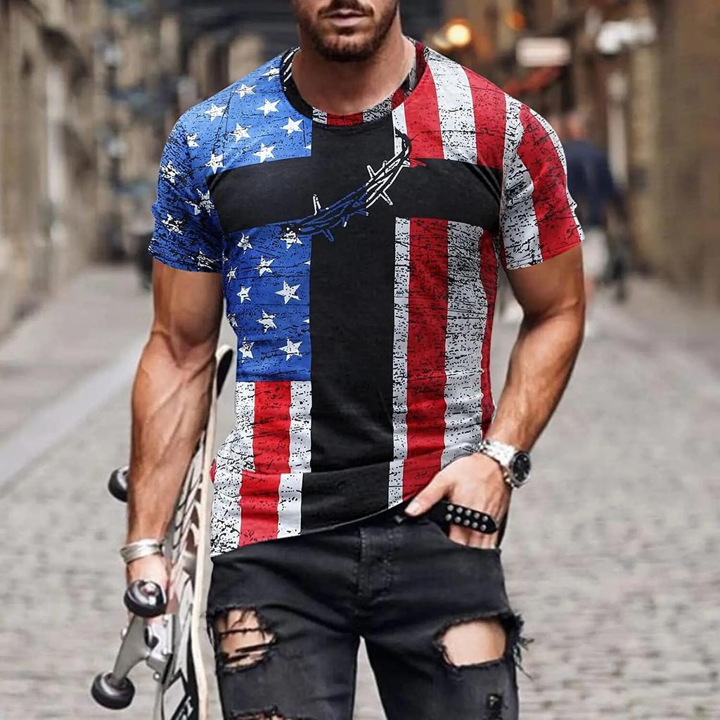 Short Sleeve Blouse Men Oversized T-shirt Short Holiday T Shirt Business Novelty Patriotic Soft Crewneck Loose Fit Polyester