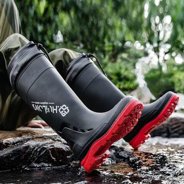 Stylish Men's Non-Slip Waterproof High-Top Rain Boots with Drawstring - Long Tube Fishing Wear-Resistant