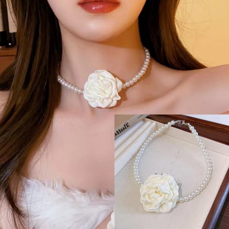 French Gentle Wind Satin Flower Multi-layer Pearl Necklace Women's Fashion Sweet Niche Premium Design Clavicle Chain