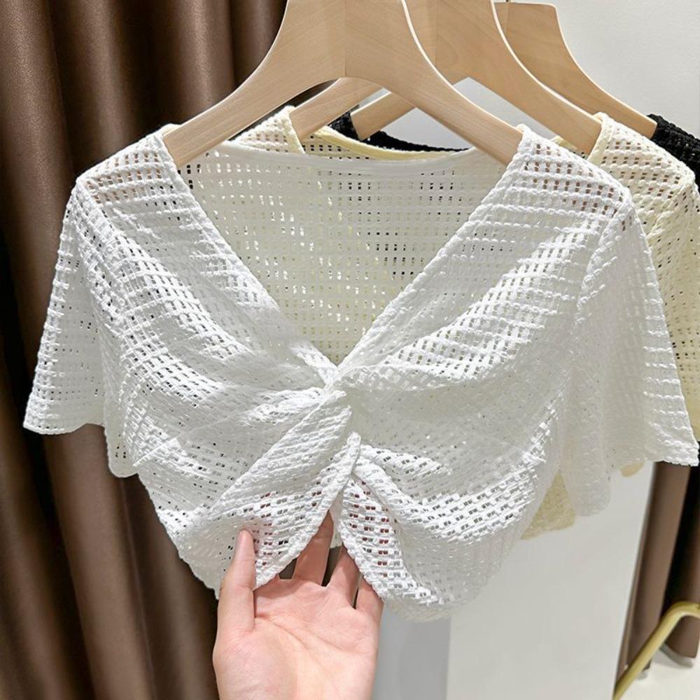 Short Sleeve Mesh Knitted Pullover Top V-neck Sun Protection Shawl T Shirt Beach