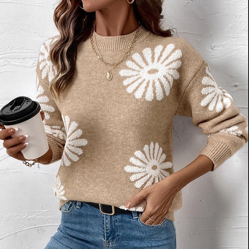 Women's Floral Knit Sweater: Long Sleeve, Loose Fit, Slimming Design for Autumn/Winter 2026