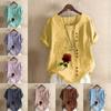 Women's Fashion Round Neck Short Sleeve T-shirt Casual Cotton Linen Graphic Shirt Leisure Loose Rose Prined Summer Blouse Tops
