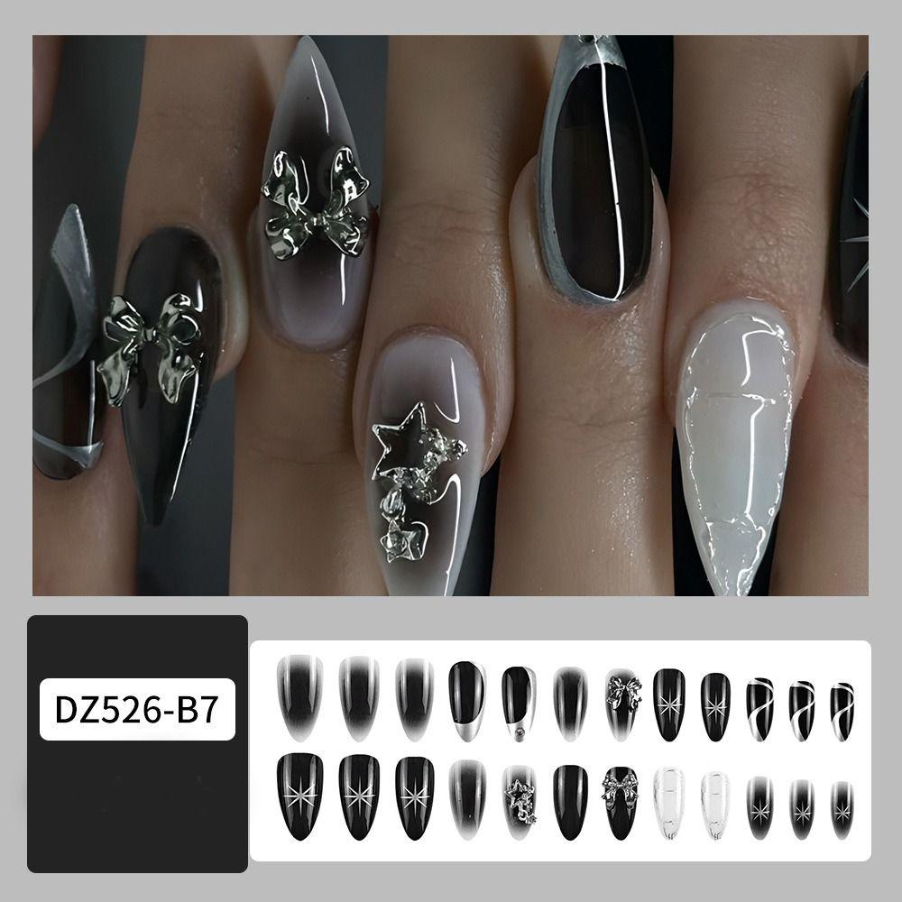 24pcs Manicure Long Almond False Nails Black Flowers Fake Nials Silver Butterfly Star Detachable Press on Nails DIY