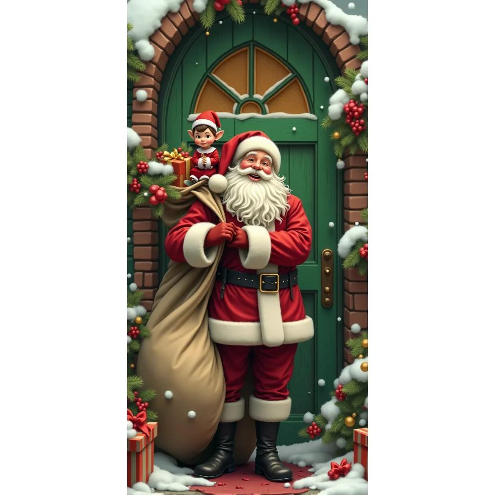 Vivid Santa Claus Send Gift Christmas Door Cover 35.43*72.83inch Banner Front Door Decoration 2025 Christmas Home Party Supplies