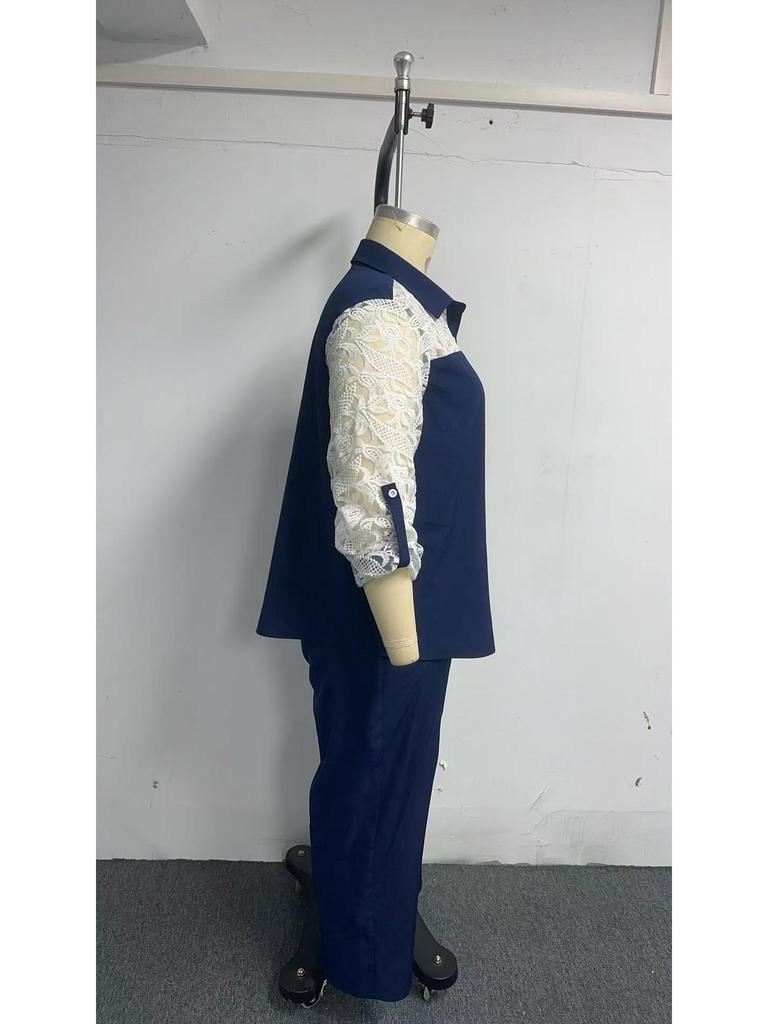 Кружевной пэчворк, двухпредметный, больших размеров, 2025: Комплект: рубашка с длинным рукавом и брюки клеш