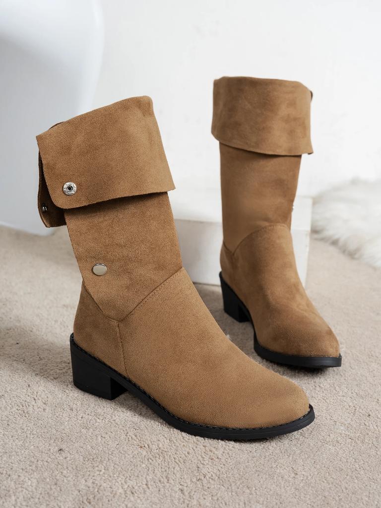 Винтажные ковбойские сапоги с острым носком на пуговицах, женские осенние сапоги с квадратным носком и толстым каблуком, высокие сапоги из замши и ткани, длинные