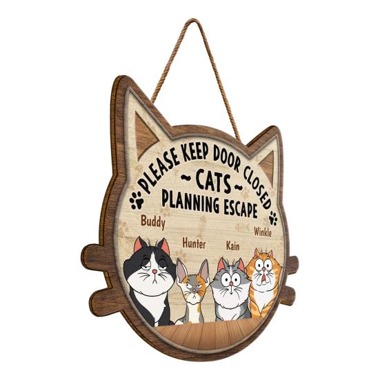 Знак "Кот планирует побег Пожалуйста, держите дверь закрытой" Деревянный знак Подвеска на дверь Приветственный знак Подарок на новоселье для любителей кошек