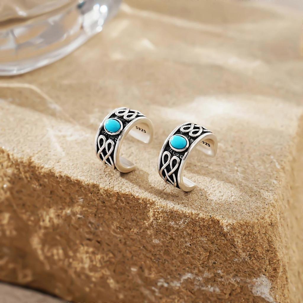 925 Sterling Silver Turquoise Celtic Knot Oxidized Ear Cuffs For Women No Piercing Ear Cuffs Wide Ear Lobe Cuff Viking Ear Cuff For Women Men