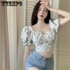 Брендовая рубашка с короткими рукавами-фонариками и низким воротником, женская летняя дизайнерская рубашка с цветочным принтом и квадратным вырезом, облегающие топы