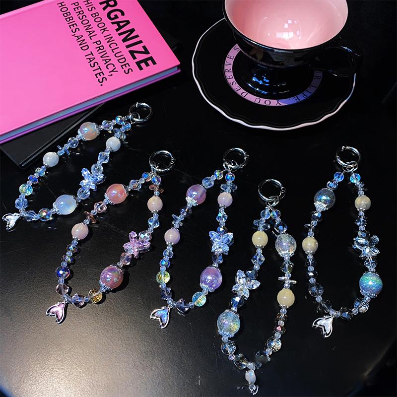 Ins Style Mermaid Pendant Beaded Phone Charm Y2K Butterfly Phone Chain Anti Lost Wrist Lanyard Keychain Gifts