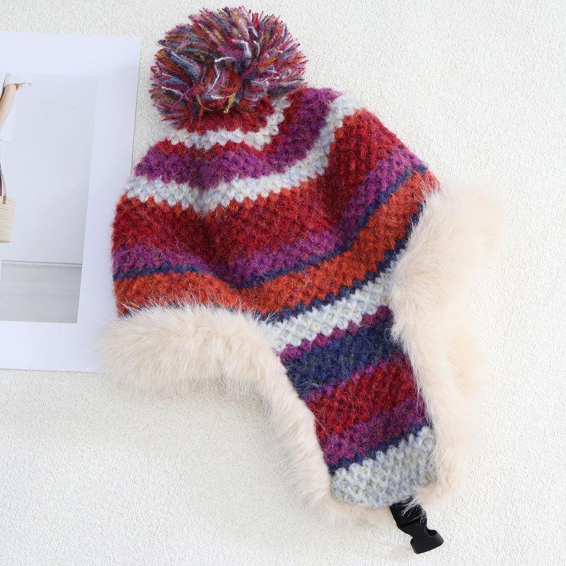 Теплая вязаная шапка женская зимняя в цветную полоску шапка-ушанка уличная плюшевая шапка