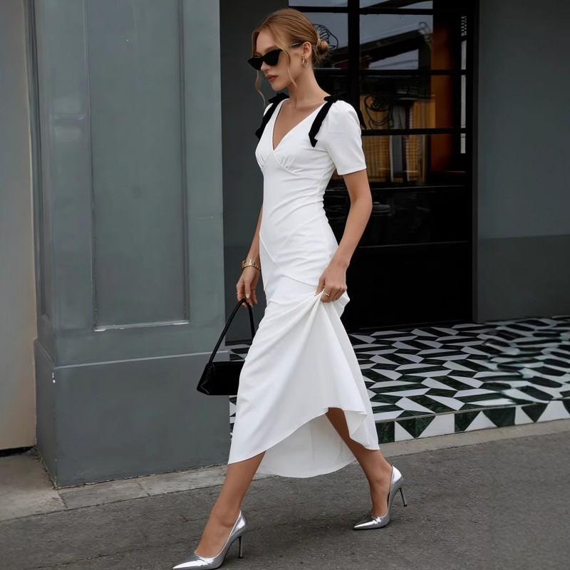 Elegant Deep V Neck Puff Sleeve Bow Tie Waist Knit Dress Slim Fit Long Party