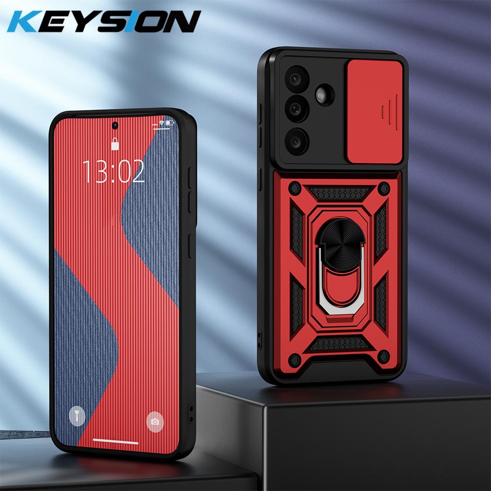 KEYSION Противоударный чехол для Samsung M56 5G Силикон+ПК Сдвижная защита камеры Кольцо-подставка Задняя крышка для телефона Galaxy F56 5G